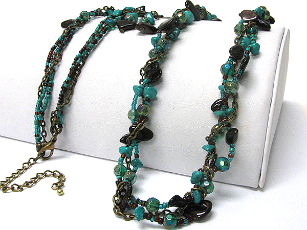 Multi row natural chip stone and glass seed beads long necklace earring set