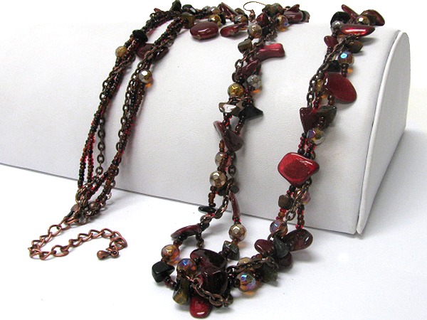 Multi row natural chip stone and glass seed beads long necklace earring set