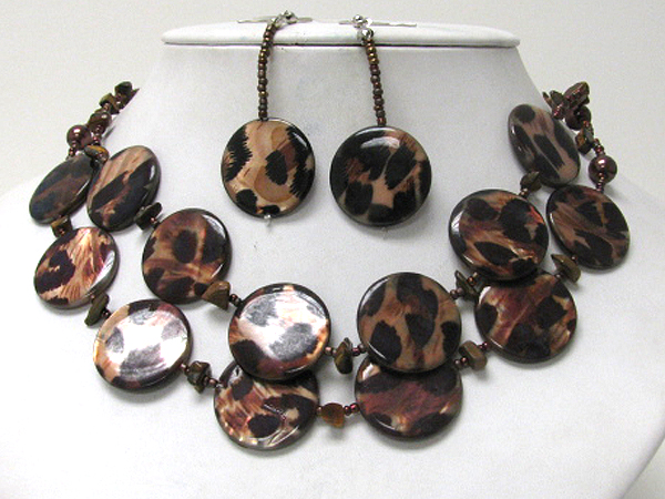 Eco friendly animal print shell disk link necklace earring set