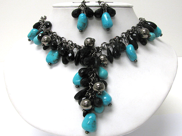 Mixed stone and beads y drop necklace earring set