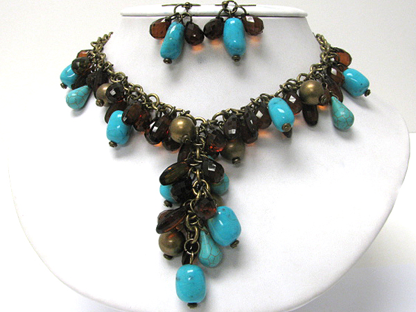 Mixed stone and beads y drop necklace earring set