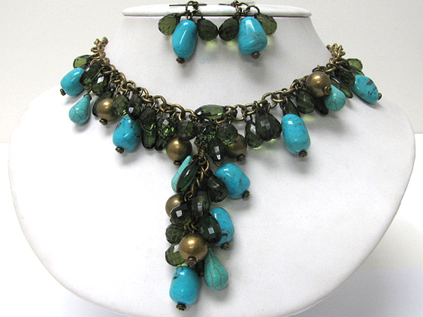 Mixed stone and beads y drop necklace earring set