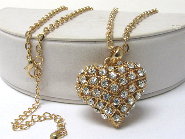 Crystal stud puffy heart pendant long necklace