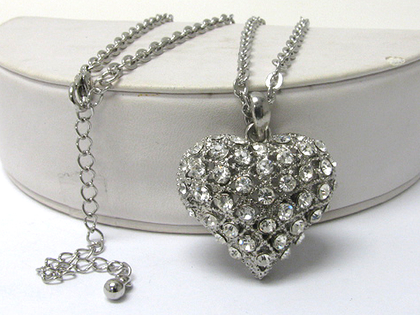 Crystal stud puffy heart pendant long necklace