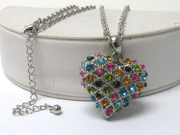 Crystal stud puffy heart pendant long necklace