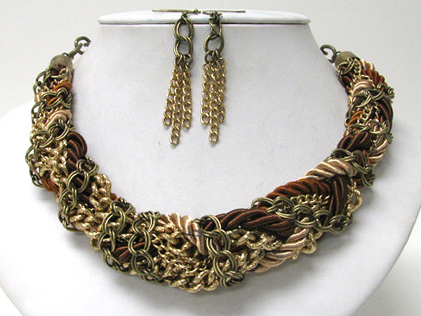 Braided rope and metal chain tangle necklace earring set