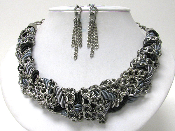 Braided rope and metal chain tangle necklace earring set