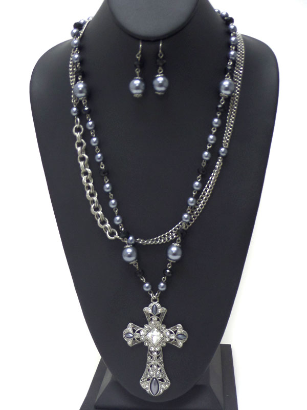 Pearl and stone mix with crystal cross necklace set 