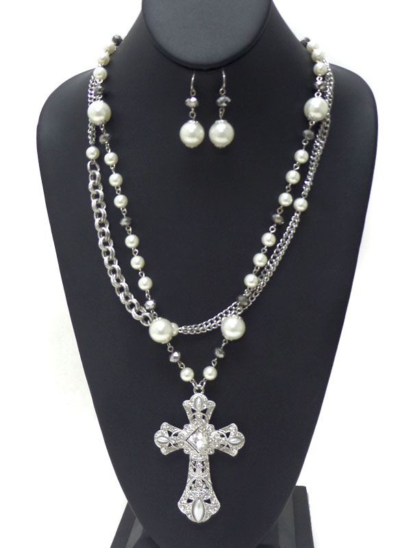 Pearl and stone mix with crystal cross necklace set 