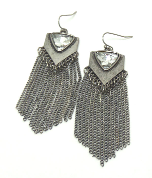 Metal and glass stone and tassel  hook earrings