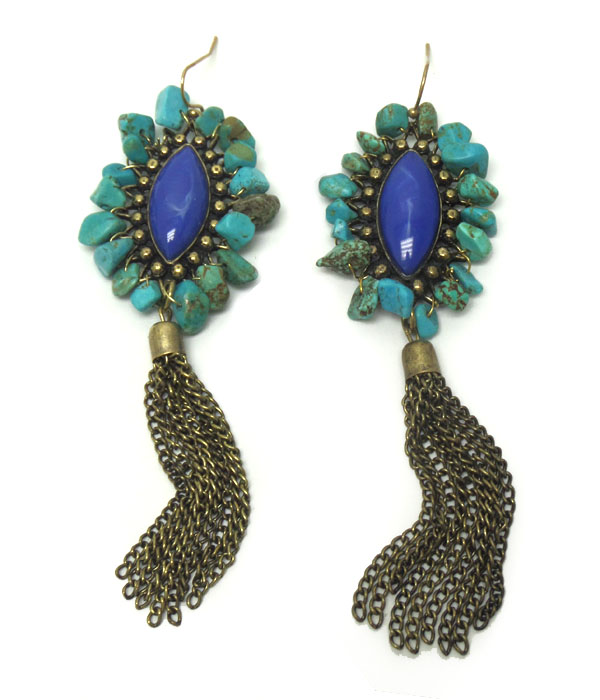 Round genuine and chip stone border and tassel drop earring