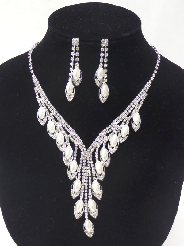 Y shape pearl drop rhinestone necklace set