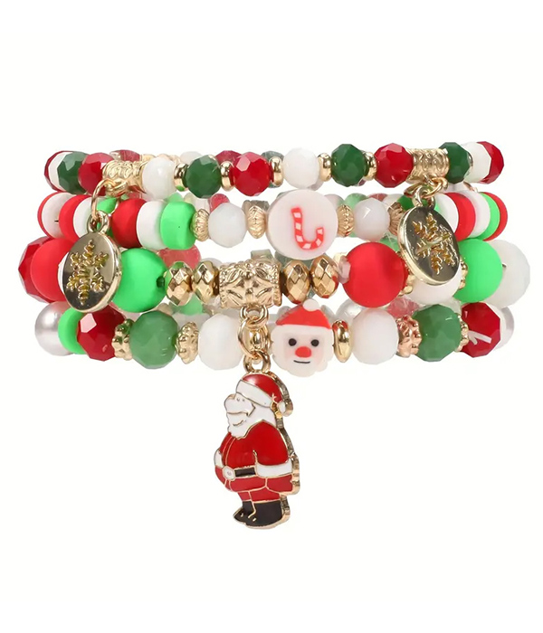 Christmas theme mix ceramic bead 4 bracelet set - santa