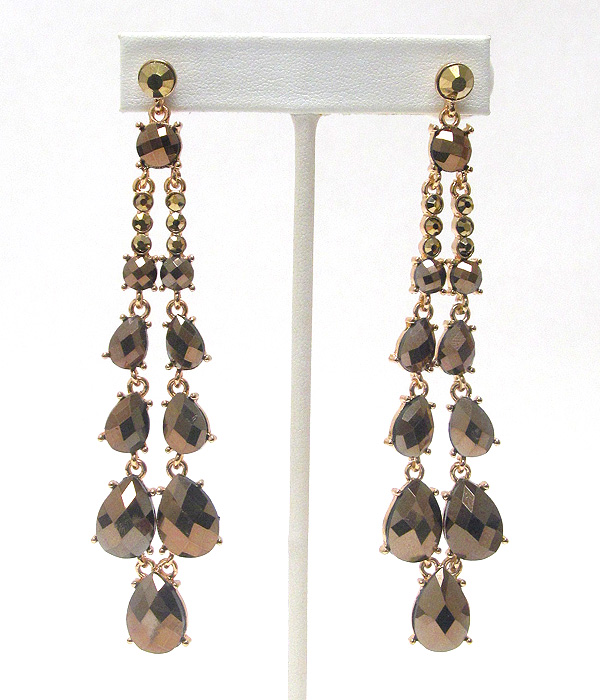 Facet metallic stone cascade long drop earring