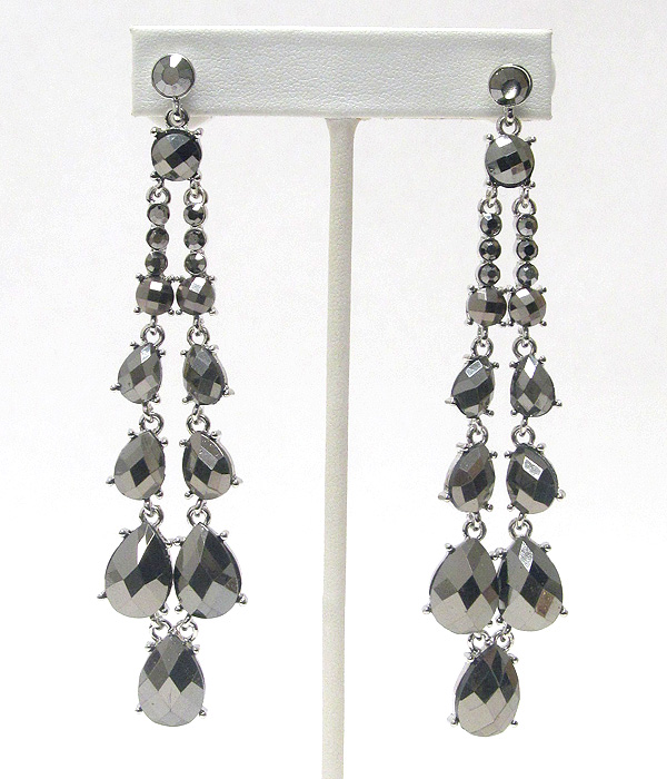 Facet metallic stone cascade long drop earring