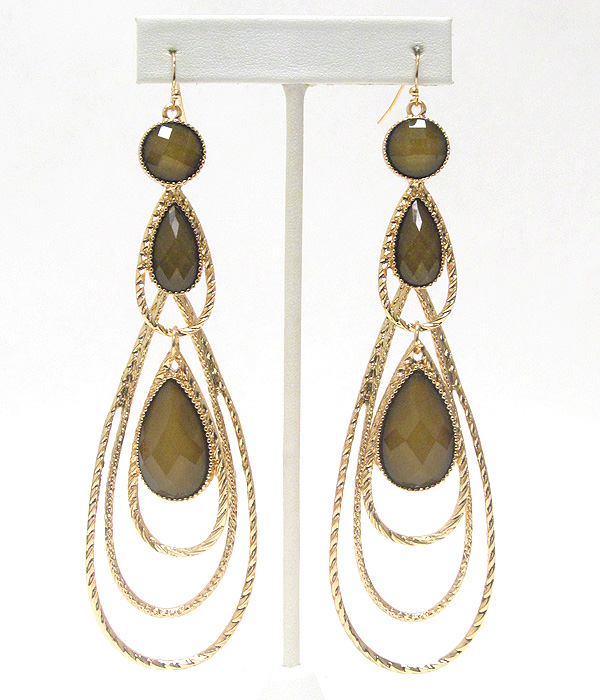 Tri level facet stone and metal wire long drop earring