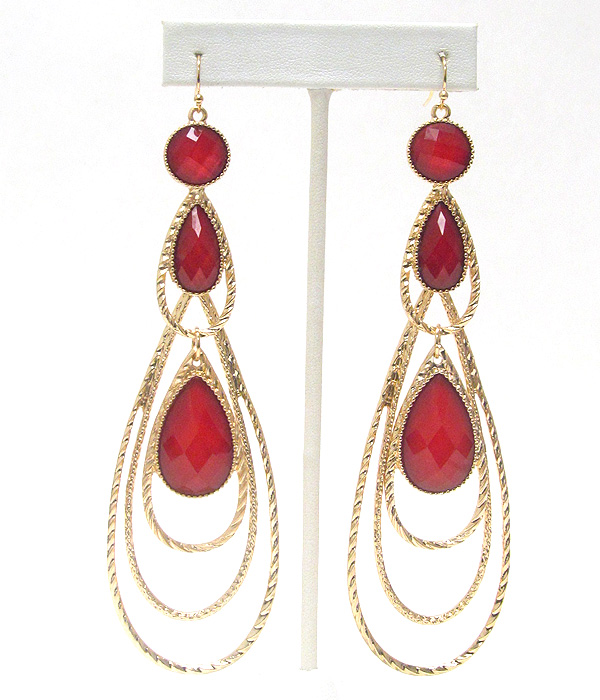 Tri level facet stone and metal wire long drop earring