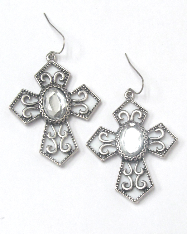 Metal textured fish hook cross earrings