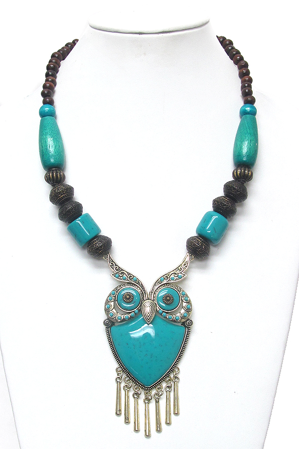 Tibetan silver turquoise owl chunky necklace