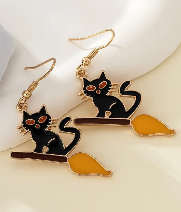 Halloween theme cat and broom earring