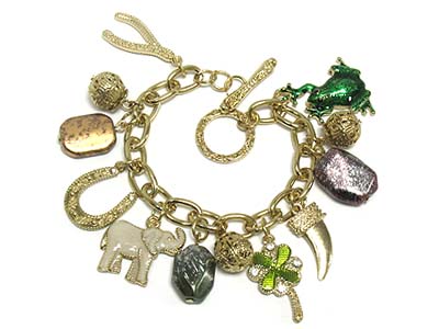 Casting metal and patina stone multi lucky charms large chain bracelet