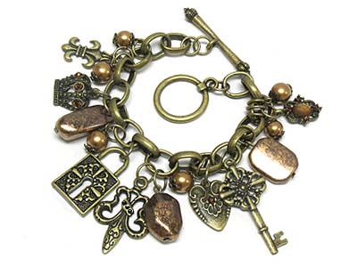 Metal and patina and crystal deco multi charms chain bracelet 