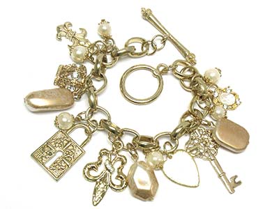 Metal and patina and crystal deco multi charms chain bracelet