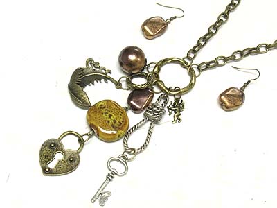 Gemstone and metal lock and key and rope charms necklace and earring set 