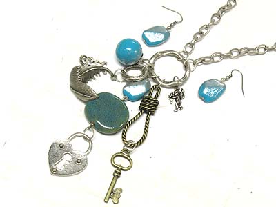 Gemstone and metal lock and key and rope charms necklace and earring set 