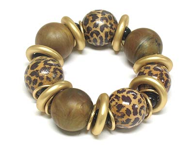 Animal pattern ball and wood ball stretch bracelet