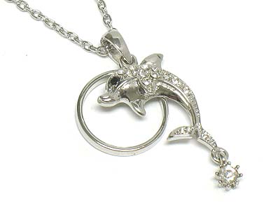 Crystal deco dolphin and ring pendant necklace 