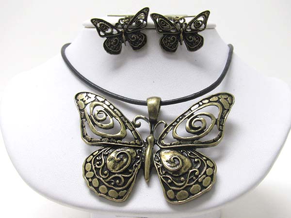 Burnish textured metal butterfly pendant necklace earring set