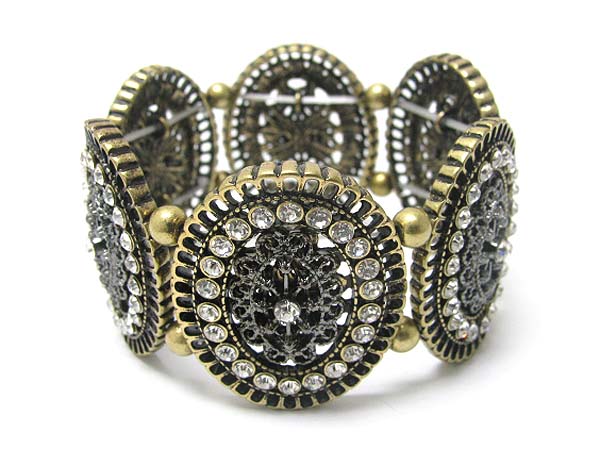 Crystal stud metal filigree oval disk link stretch bracelet