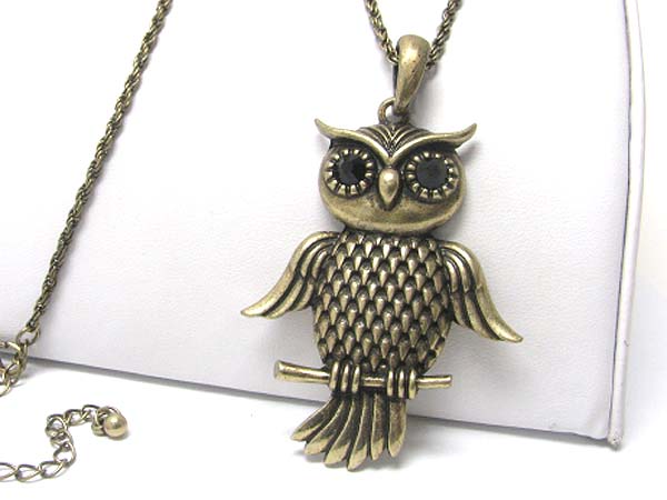 Crystal eye metal owl pendant long necklace