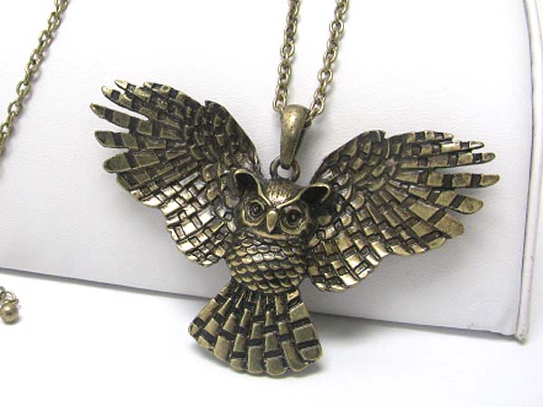 Burnish metal flying owl pendant long necklace