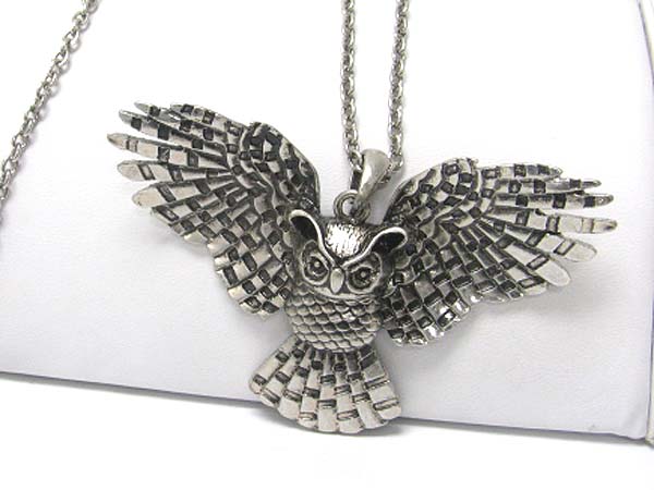 Burnish metal flying owl pendant long necklace