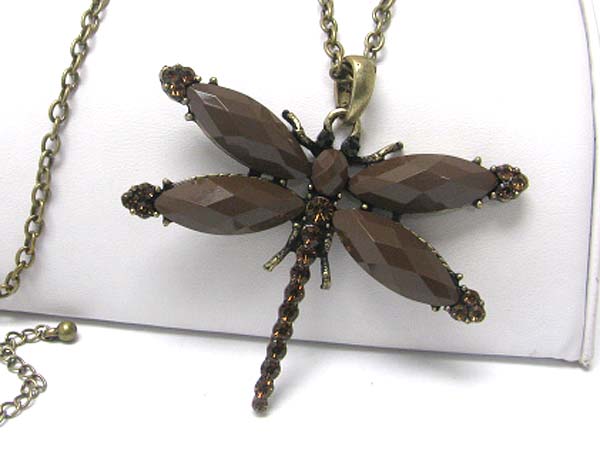 Crystal and facet glass deco dragonfly pendant long necklace