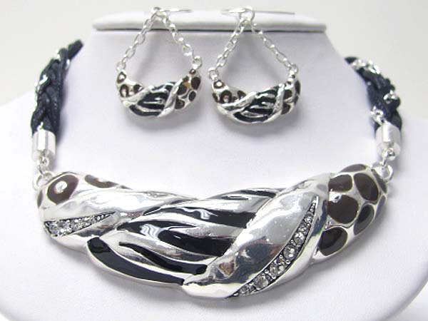 Horizontal crystal stud enamel animal print casting bar braided cord neckalce earring set