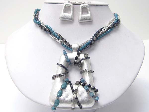 Large metal pendant with mixed stone and beads fusion deco neckalce earring set