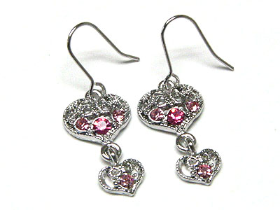 Made in korea whitegold plating crystal double heart drop earring