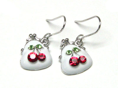 Made in korea whitegold plating crystal cherry on enamel bag earring