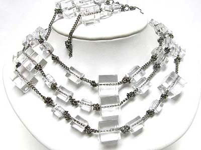 Multi strand ice cube beads link necklace earring set