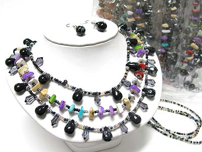 Dozen pack - triple strand acryl and seed beads necklace earring set mens jewelry