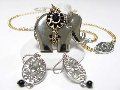 Elephant pendant long neckalce earring set