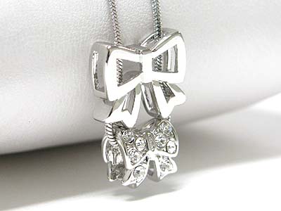 Made in korea whitegold plating crystal dual ribbon thread pendant necklace