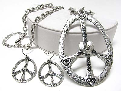 Burnish metal peace mark pendant necklace earring set