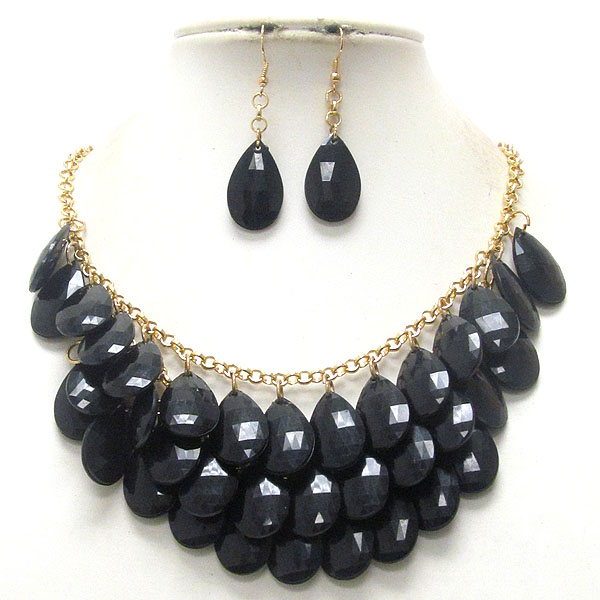 Multi facet acrylic teardrop dangle bib style necklace earring set