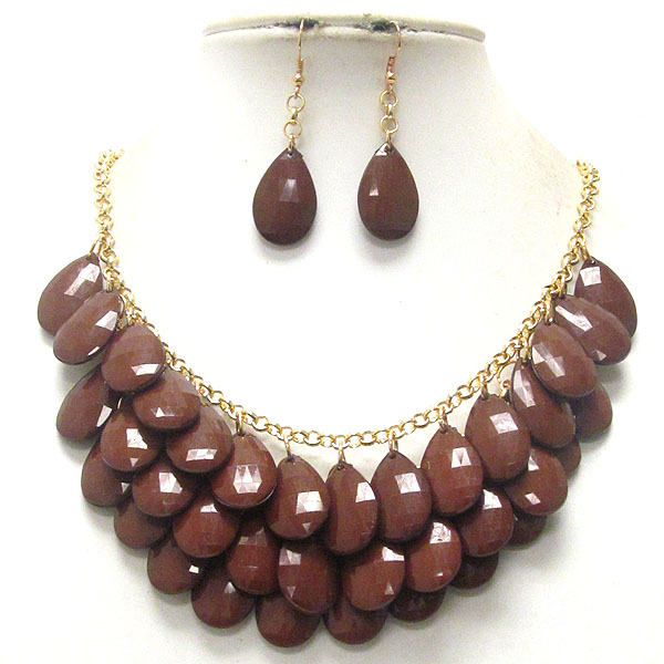 Multi facet acrylic teardrop dangle bib style necklace earring set