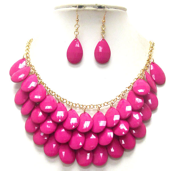 Multi facet acrylic teardrop dangle bib style necklace earring set