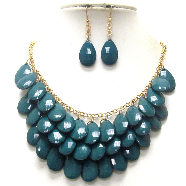 Multi facet acrylic teardrop dangle bib style necklace earring set